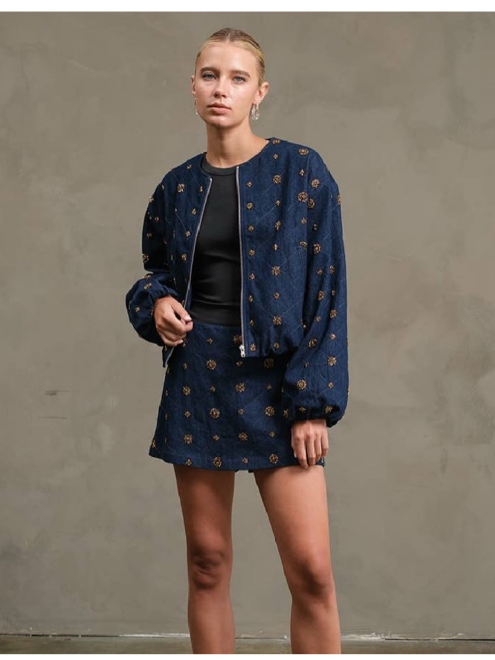Embellished denim skort & bomber jacket size M